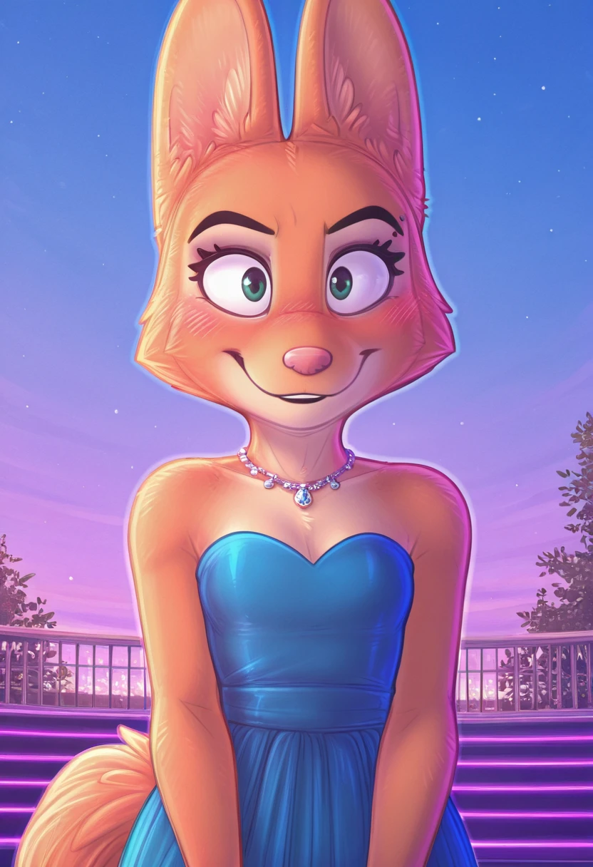 best quality, amazing quality, masterpiece, 1girl, looking at viewer, solo, cute, blush, smile, <lora:DianeFoxingtonIL:0.8>, diane foxington, emerald eyes, orange fur, fox girl, fox tail, pink nose, eyebrow piercing, standing, outdoors, night sky, evening, stage, blue sky, blue open-back dress, strapless dress, blue pants, necklace, bracelet, white shoes, close, upper body, face focus, dimwitdog, <lora:DimwitdogIL:1>