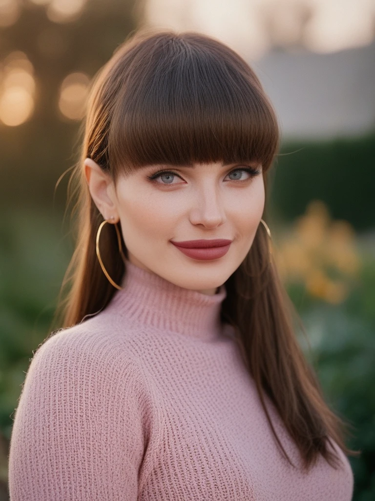 face focused, magic hour, photography, warm light, sunset, movie still, ultra detailed, portrait, natali3m4rs, natalie mars,<lora:Natali3M4rs-sdxl:1>, 1girl, makeup, lips, long hair, (bangs), smile, lipstick, turtleneck sweater, earrings, portrait, solo, looking at viewer, bokeh, focus, film, velvia, artistic, best quality, photograph, focus, looking at viewer, bokeh, focus, film, velvia, film grain, best quality, photograph, focus, earrings, garden