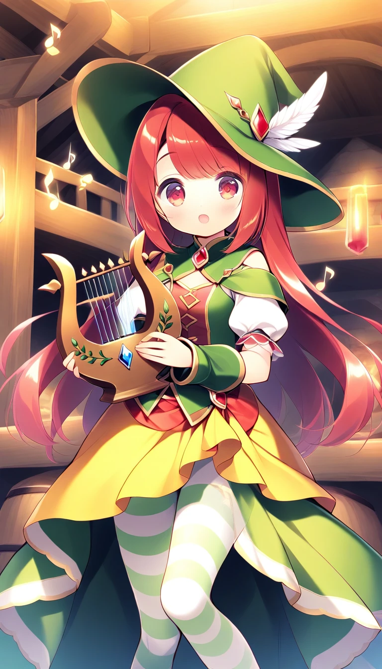 a girl playing lyre, red hair, long hair, red eyes, a white feathered hat, green hat, multicolored clothes, sarong skirt, stripe pattern leggings pants singing song, looking at viewer, holding amethyst set lyre, equip bow and quiver, tavern hall background, musical note(music), fantasy, best quality,