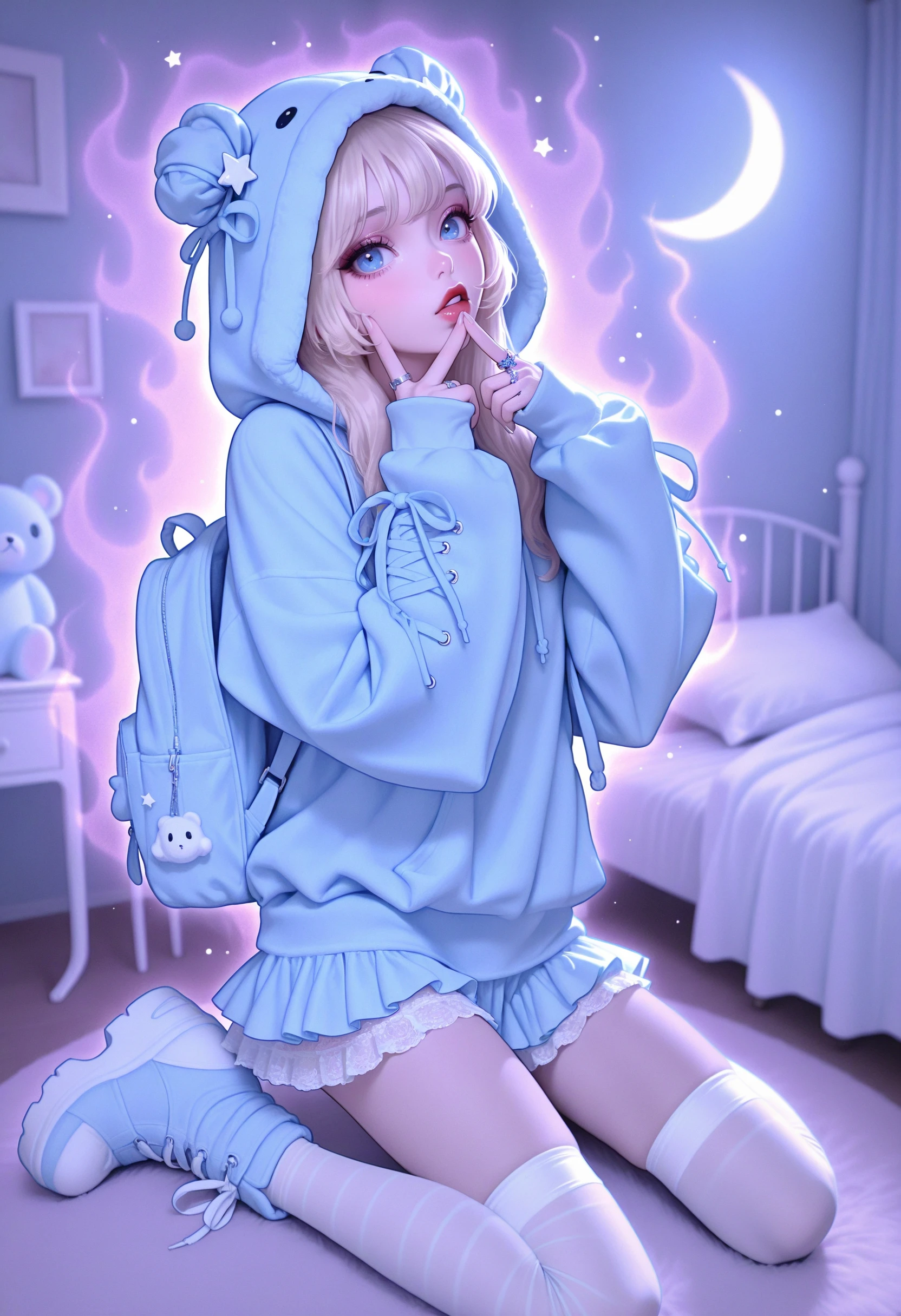 absurdres, high_quality, newest, incredibly_absurdres, very aesthetic, film_grain, blurry_background, bokeh, grainy_texture, blender_\(artwork\), zbrush_\(artwork\), raytraced, volumetric_lighting, digital_painting_\(artwork\), amazing_background, glint, aura, magic
(KPB-Illu, egirlpfp, v, finger to mouth, thighhighs, frills, double v, frilled skirt, striped, red lips, holding, star (symbol), backpack, animal hood, white nails, feet out of frame, shirt, holding candy, double bun, full body, lace-trimmed dress, blonde hair, ring, wariza, bed, blue shirt, standing on one leg, pastel_colors, moon, blue eyes, blue hoodie