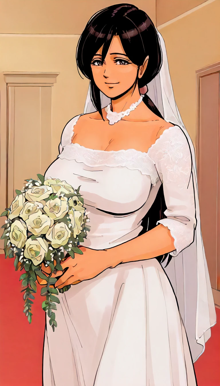 Huge breasts in a wedding dress with a huge lace neckline, with veil and bouquet in a Japanese garden