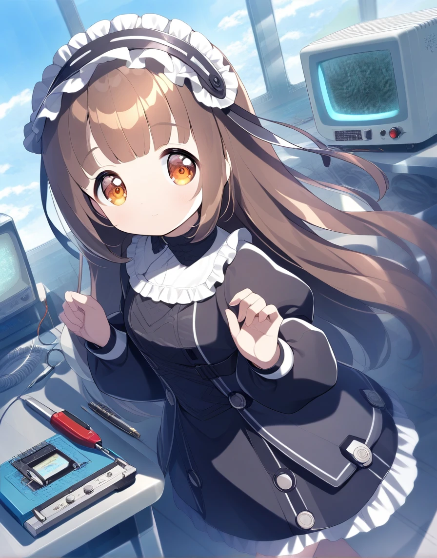 a girl, dynamic angle, walking, very long hair, brown hair, orange eyes, wearing black gothic dress, puffy sleeves, long sleeves, frills, frilled hairband, lookind at viewer, (from front:0.8), (from side:0.5), electronic tools, oscilloscope, soldering iron, CRT TV, tools on desk, desk beside girl, at glass-walled laboratory room, futuristic steampunk, daytime, cloud, blue sky, best quality, safe,