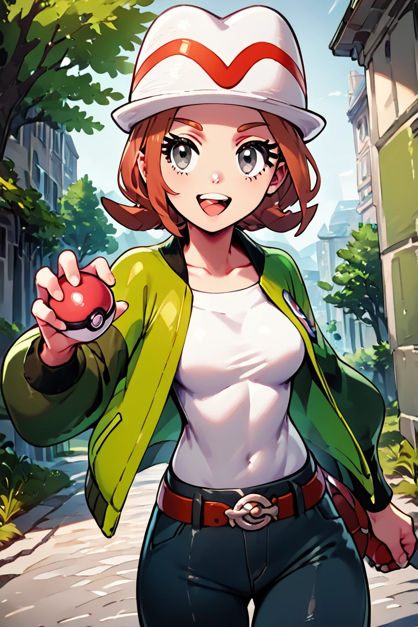 score_9, score_8_up, score_8, medium breasts, (curvy), cute, eyelashes, ,,, zzMC, looking at viewer, smile, open mouth, shirt, long sleeves, hat, outdoors, holding, collarbone, jacket, white shirt, :d, open clothes, teeth, tongue, belt, pants, open jacket, grey eyes, eyelashes, white headwear, upper teeth only, buckle, belt buckle, green jacket, holding poke ball, dynamic pose, <lora:ProtagonistFPokemonZA_PDXL_v3:1.0>, ,,, smile, looking at viewer, abstract background, white outline, ,,, embedding:zPDXL, Expressiveh, <lora:CatalystStylePDXL:0.6>, <lora:SDXLFaeTastic2400:0.5>, <lora:Expressive_H-000001:0.4>,