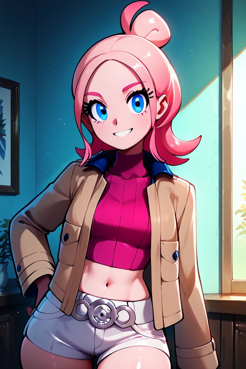 score_9, score_8_up, score_8, medium breasts, (curvy), cute, eyelashes, ,,, zzTaunie, blue eyes, pink hair, sidelocks, medium hair, eyelashes, multicolored hair, single hair bun, pink shirt, turtleneck, crop top, navel, midriff, brown jacket, long sleeves, open jacket, short shorts, white shorts, skindentation, ,<lora:TauniePokemonZA_PDXL_v3:1.0>, ,,, BREAK, smile, looking at viewer, cowboy shot, ,,, embedding:zPDXL, <lora:theButcherXPDXL:0.8>,