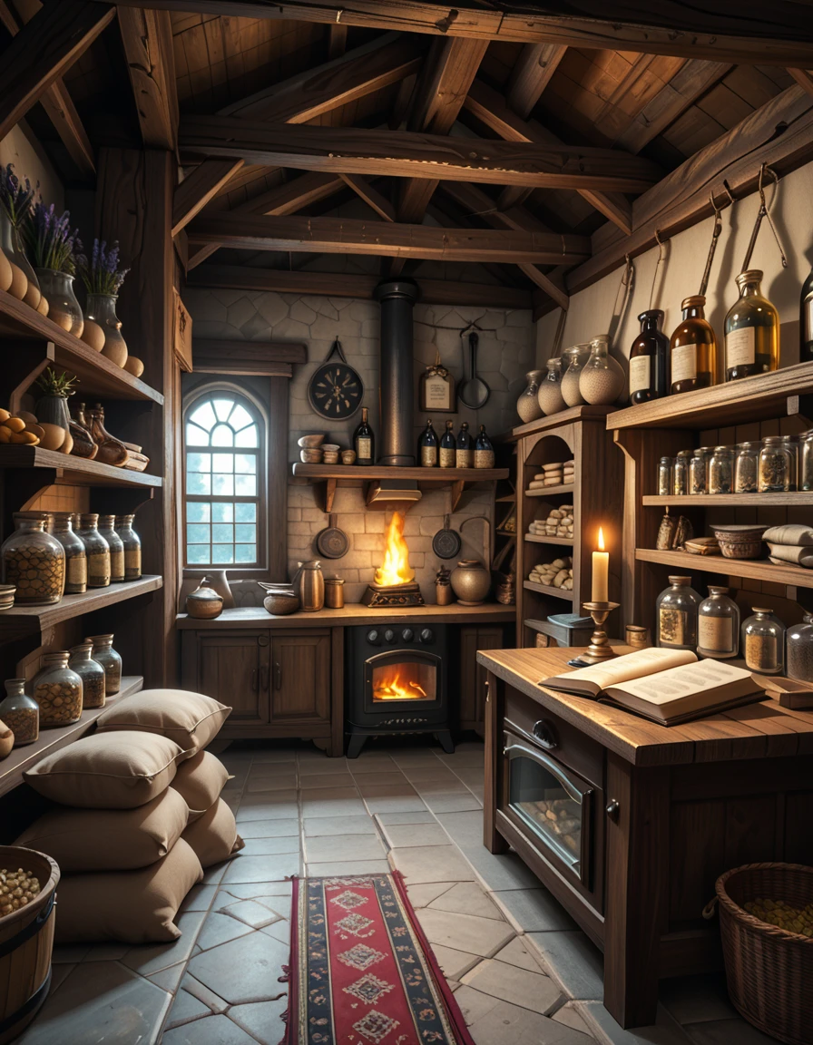 score_9, score_8_up, score_7_up,amazing quality, ultra realistic, 3D, HD, best quality, amazing quality, very aesthetic, absurdres
A highly detailed, realistic photograph of a medieval-style general store inspired by Skyrim, captured in soft, natural lighting. The interior features wooden beams and stone walls, aged and weathered, with shelves overflowing with various items: leather-bound books, glass potion bottles glowing faintly in green and blue hues, sacks of grains, and woven baskets filled with herbs. In the corner, a rustic fireplace crackles gently, casting warm, golden light across the room. Weapons like iron swords and steel daggers hang neatly on a wooden rack behind the counter, while a fur rug covers part of the worn wooden floor. On the wooden counter lies a small pile of gold coins beside an old ledger, with a candle burning low. The window shows a misty, pine-filled landscape outside, with soft daylight filtering through. The atmosphere feels cozy, immersive, and authentically Nordic, with rich textures, muted earthy colors, and a slightly cinematic fantasy style. No people are present, only the quiet ambiance of a world at rest.
skyrim general st0r3 <lora:skyrim_general_st0r3-p:1>