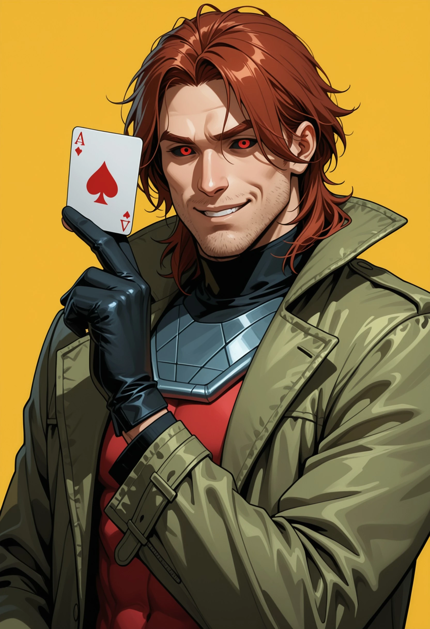 masterpiece, best quality, very aesthetic, absurdres, safe, Dsk_Remy_Lebeau, 1boy, auburn hair, beard, black sclera, card, colored sclera, facial hair, gloves, holding, holding card, jacket, looking at viewer, male focus, playing card, red eyes, simple background, smile, solo, stubble, yellow background, <lora:bbf2daa2-8daa-44f6-a4d8-e9b95ac74e61:0.7>