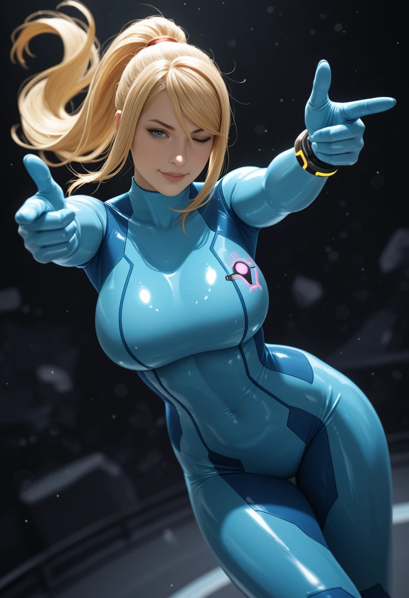 masterpiece, best quality, newest, absurdres, highres, photorealistic,
blurry background, abstract background, dark background,
1girl, samus aran, large breasts,
zero suit, floating hair,
dynamic pose, falling, leaning to the side, outstretched arms, (double finger gun, aiming at viewer),
smirk, one eye closed,
looking at viewer,
hand focus, foreshortening, dutch angle, depth of field,