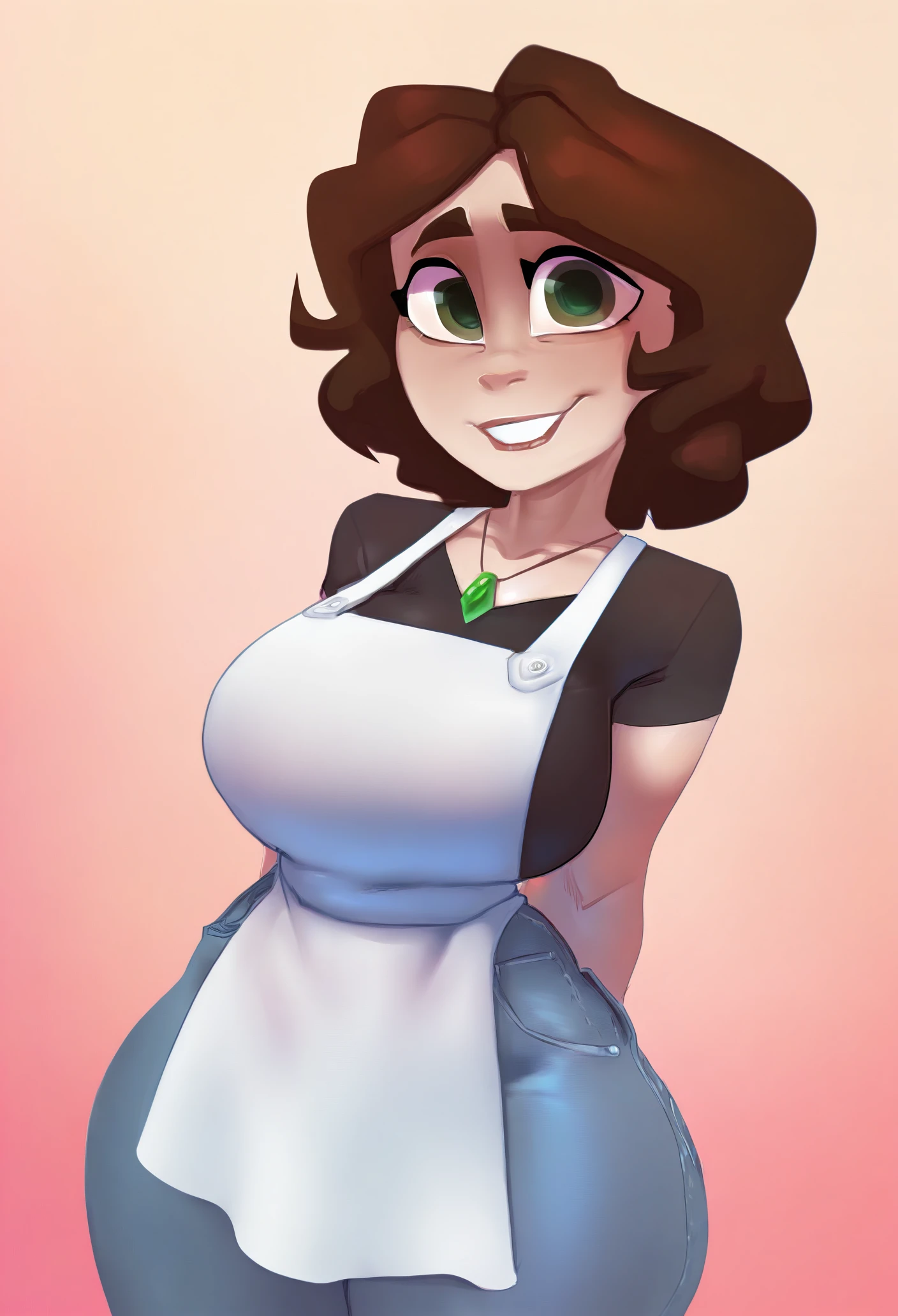 1girl, solo, mature female, curvy, large breasts, smile, gradient background, arms behind back, white apron, looking at viewer,
brown hair, short hair, green eyes, brown eyes, mature female, necklace, pendant, black shirt, short sleeves, denim, jeans,
masterpiece, best quality, <lora:bikupan-guy90-Illust-Lycorisv1:1>, napkib, <lora:auntcass-guy90-Illust-LoraV1:1>, ssanua