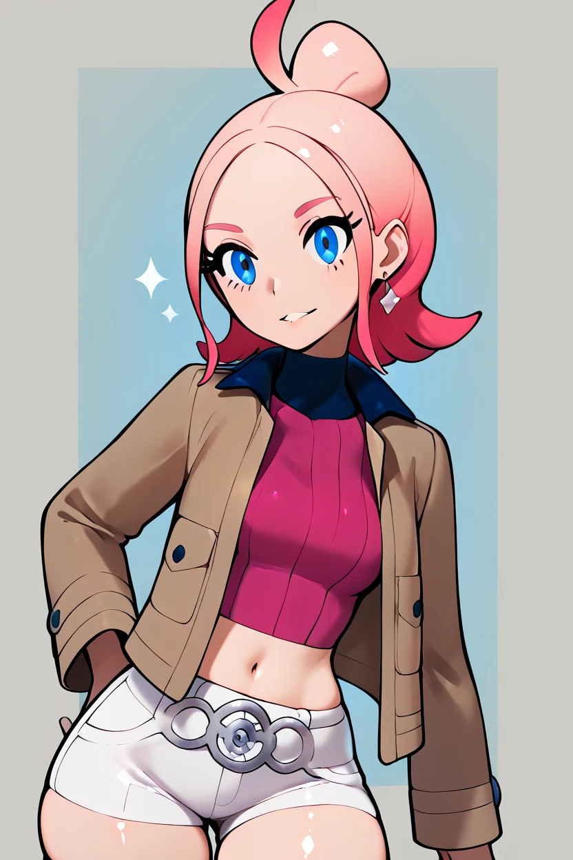 score_9, score_8_up, score_8, medium breasts, (curvy), cute, eyelashes, ,,, zzTaunie, blue eyes, pink hair, sidelocks, medium hair, eyelashes, multicolored hair, single hair bun, pink shirt, turtleneck, crop top, navel, midriff, brown jacket, long sleeves, open jacket, short shorts, white shorts, skindentation, ,<lora:TauniePokemonZA_PDXL_v3:1.0>, ,,, BREAK, solo, thighhighs, navel, jewelry, medium breasts, cowboy shot, earrings, parted lips, shorts, choker, midriff, armor, short shorts, skindentation, black choker, shoulder armor, ,,, abstract background, ,,, hand on hip, ,,, embedding:zPDXL, Expressiveh, ,,, <lora:Halphelt_PDXL-000008:0.8>, <lora:Uncensored_PonyXL_cpt_v02.09:0.4>, <lora:Expressive_H-000001:0.4>,