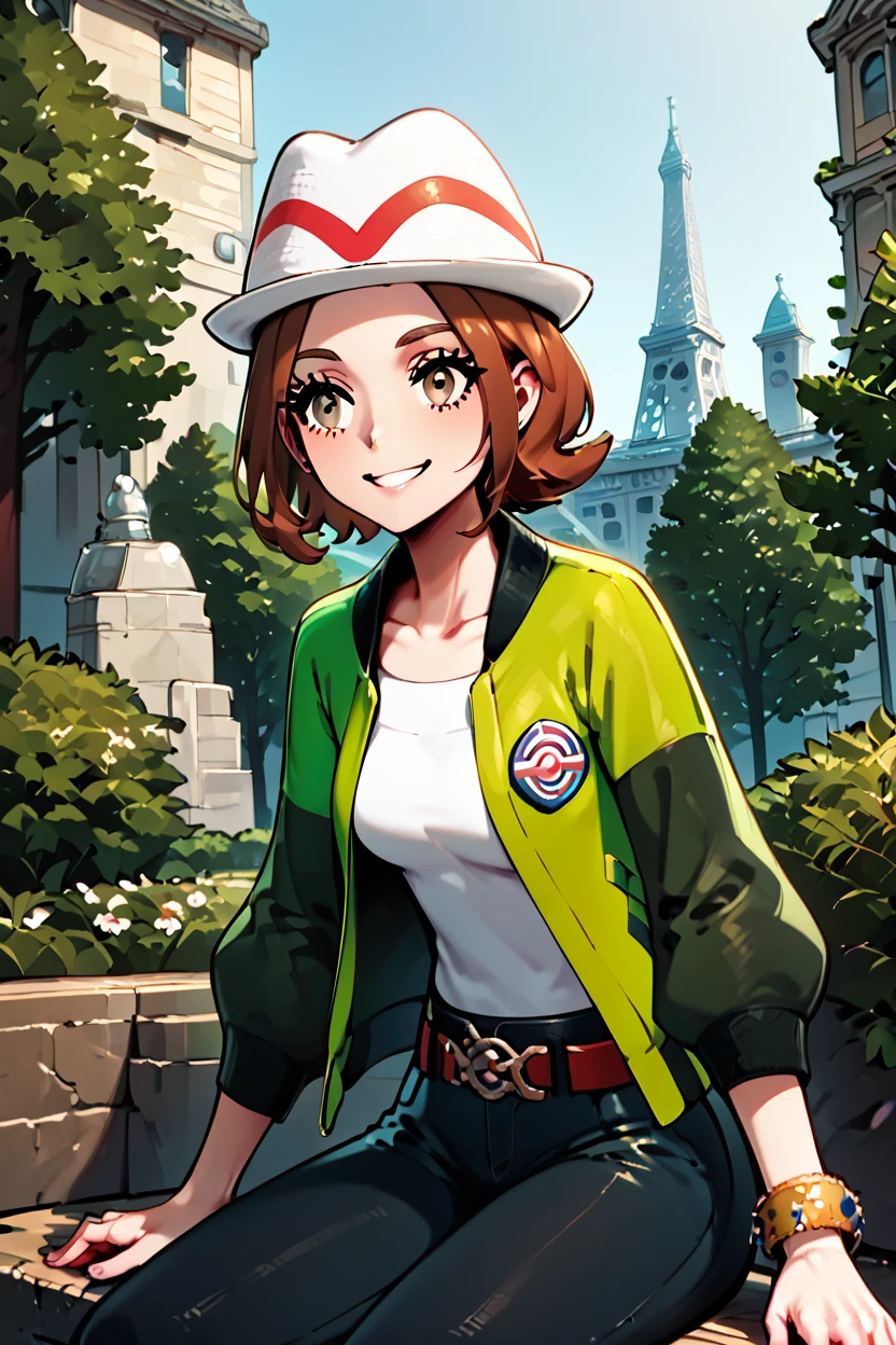 score_9, score_8_up, score_8, medium breasts, (curvy), cute, eyelashes, ,,, zzMC, brown eyes, brown hair, short hair, medium hair, white headwear, green jacket, long sleeves, open jacket, white shirt, collarbone, pants, bracelet, belt buckle, ,<lora:ProtagonistFPokemonZA_PDXL_v3:1.0>, ,,, BREAK, zzEiffelTower in background, sitting, watercraft, boat, sitting on wall, side view, looking at viewer, smile, ,,, BREAK, blooming stars, luminescent petals, otherworldly fragrance blurry background, ,,, embedding:zPDXL, Expressiveh, ,,, <lora:EiffelTowerPDXL:0.8>, <lora:CatalystStylePDXL:0.6>, <lora:SDXLFaeTastic2400:0.5>, <lora:Expressive_H-000001:0.4>,