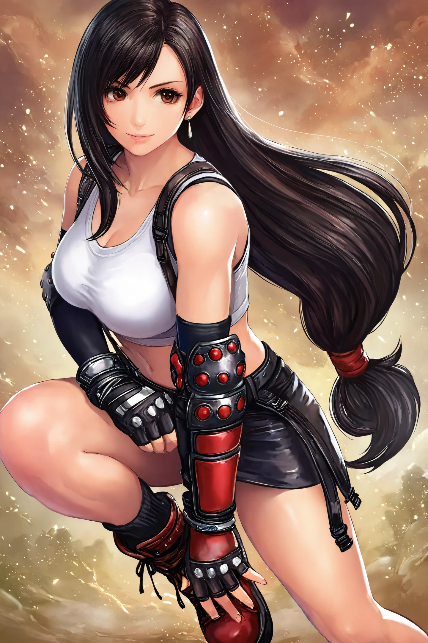 1girl,tifa lockhart,solo,long hair,gloves,skirt,crop top,fingerless gloves,jewelry,black hair,earrings,low-tied long hair,suspenders,pencil skirt,tank top,midriff,elbow pads,brown eyes,elbow gloves,breasts,suspender skirt,miniskirt,
<lora:miche_illustriousXL:0.8>,