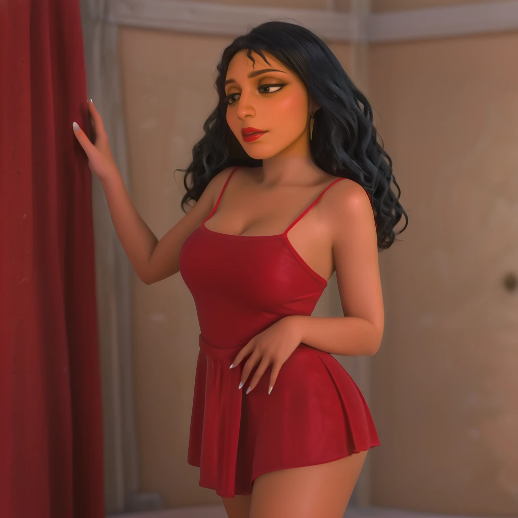 <lora:MotherGothel_illustrious_v1:.8>mothergothel, 1girl, solo, makeup, long hair, black hair, lipstick, red lipstick, large breasts, fingernails, dark skin, cowboy shot, <lora:Sexy_simple_dress:0.81> sesidr, short dress, spaghetti strap