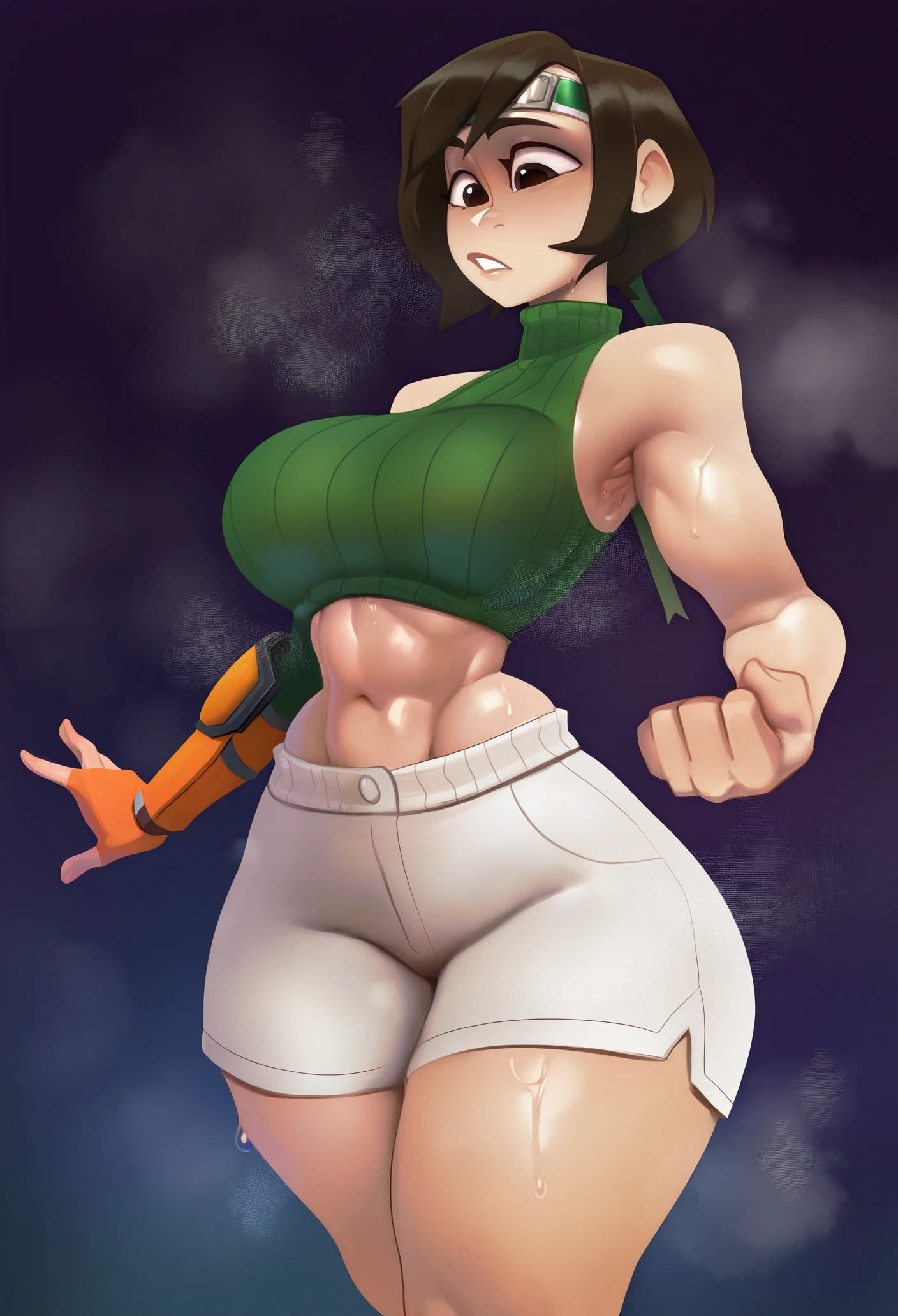 1girl, solo, yuffie kisaragi, white shorts, green shirt, large breasts, narrow waist, wide hips, toned, steaming body, sleeveless,
masterpiece, best quality, <lora:bikupan-guy90-Illust-Lycorisv1:1> napkib