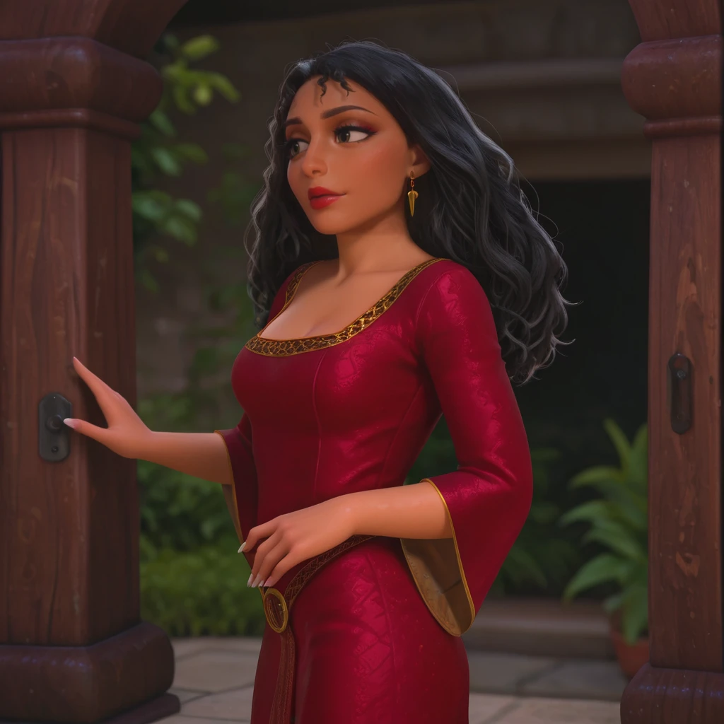 <lora:MotherGothel_illustrious_v1:.8> mothergothel, 1girl, jewelry, earrings, red dress, makeup, long hair, black hair, lipstick, long sleeves, breasts, fingernails, dark skin, cowboy shot