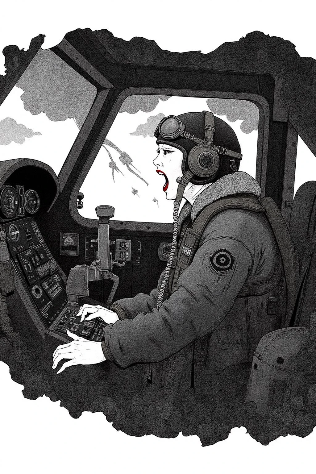 kchiba1 illustration.
A female pilot screaming inside the cockpit of a WWII bomber. The pilot, wearing a vintage leather flight helmet with goggles and a bomber jacket, grips the controls with white-knuckled hands. Her face is contorted in a mix of fear and determination as she yells, her eyes wide with adrenaline. The cockpit is cramped and filled with old-fashioned dials and gauges, with the outside view showing dark stormy clouds and distant anti-aircraft fire. The background is stark white
<lora:kchiba1_cap_d6a3:1.0><lora:837667417850236014:0>