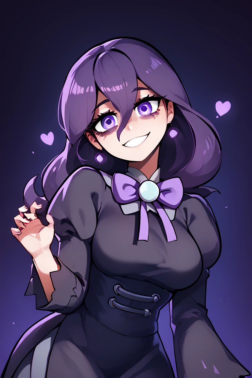 score_9, score_8_up, score_8, medium breasts, (curvy), cute, eyelashes, ,,, zzHexyZA, purple eyes, bags under eyes, hair between eyes, long hair, purple hair, long sleeves, bow, jewelry, black dress, purple dress, black pantyhose, juliet sleeves, purple bow, purple bowtie, ,<lora:HexManiacPokemonZA_PDXL:1.0>, ,,, BREAK, looking at viewer, ,,, smile, upper body, leaning forward, head tilt, ,,, embedding:zPDXL, Expressiveh, ,,, <lora:theButcherXPDXL:0.8>, <lora:CatalystStylePDXL:0.6>, <lora:SDXLFaeTastic2400:0.5>, <lora:Expressive_H-000001:0.4>,
