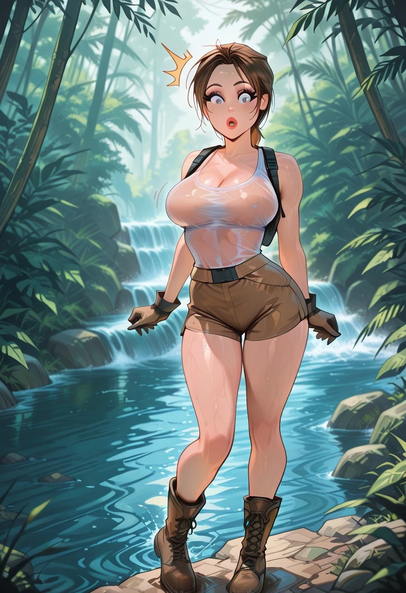 (Lara Croft, large breasts, sparse pubic hair) vaginal, oral, anal fucking by (many huge male furry wolves with knotted penis) in the forest