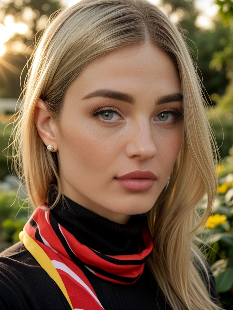score_9, score_8_up, score_8, natali3m4rs, natalie mars, <lora:Natali3M4rs-pony:1>, face focused, magic hour, photography, warm light, sunset, movie still, ultra detailed, portrait, 1girl, solo, portrait, scarf, shiny lipgloss, very big lips, vintage aesthetic, turtleneck jumpsuit, solo, blush, looking at viewer, bokeh, focus, film, velvia, film grain, best quality, photograph, focus, earrings, garden, blonde hair