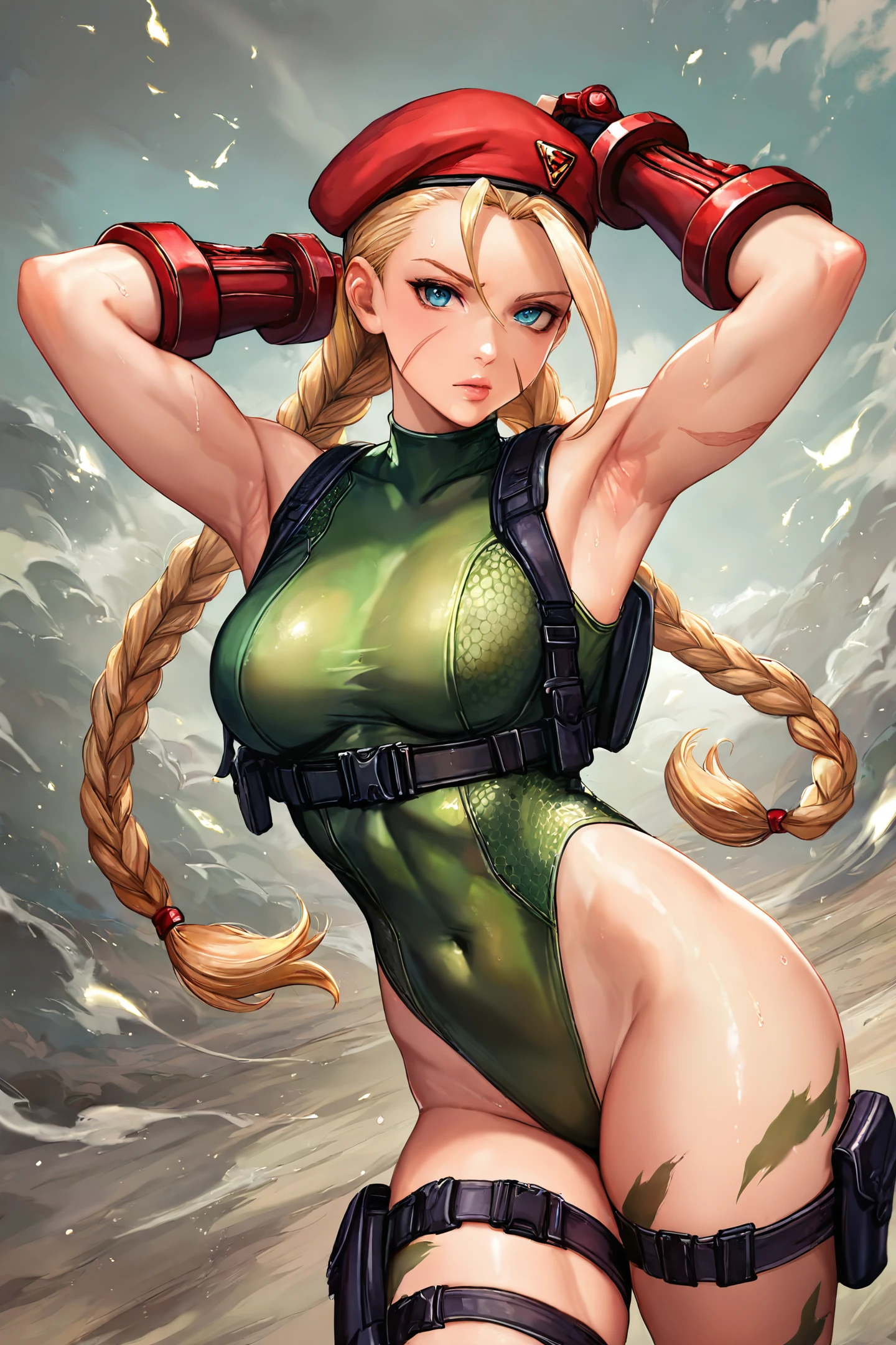 1girl,cammy white,green leotard,solo,leotard,beret,braid,hat,blonde hair,twin braids,long hair,blue eyes,breasts,gloves,highleg leotard,highleg,fingerless gloves,arms up,armpits,looking at viewer,covered navel,scar,thighs,holster,lips,thigh holster,red headwear,harness,camouflage,
<lora:miche_illustriousXL:0.8>,