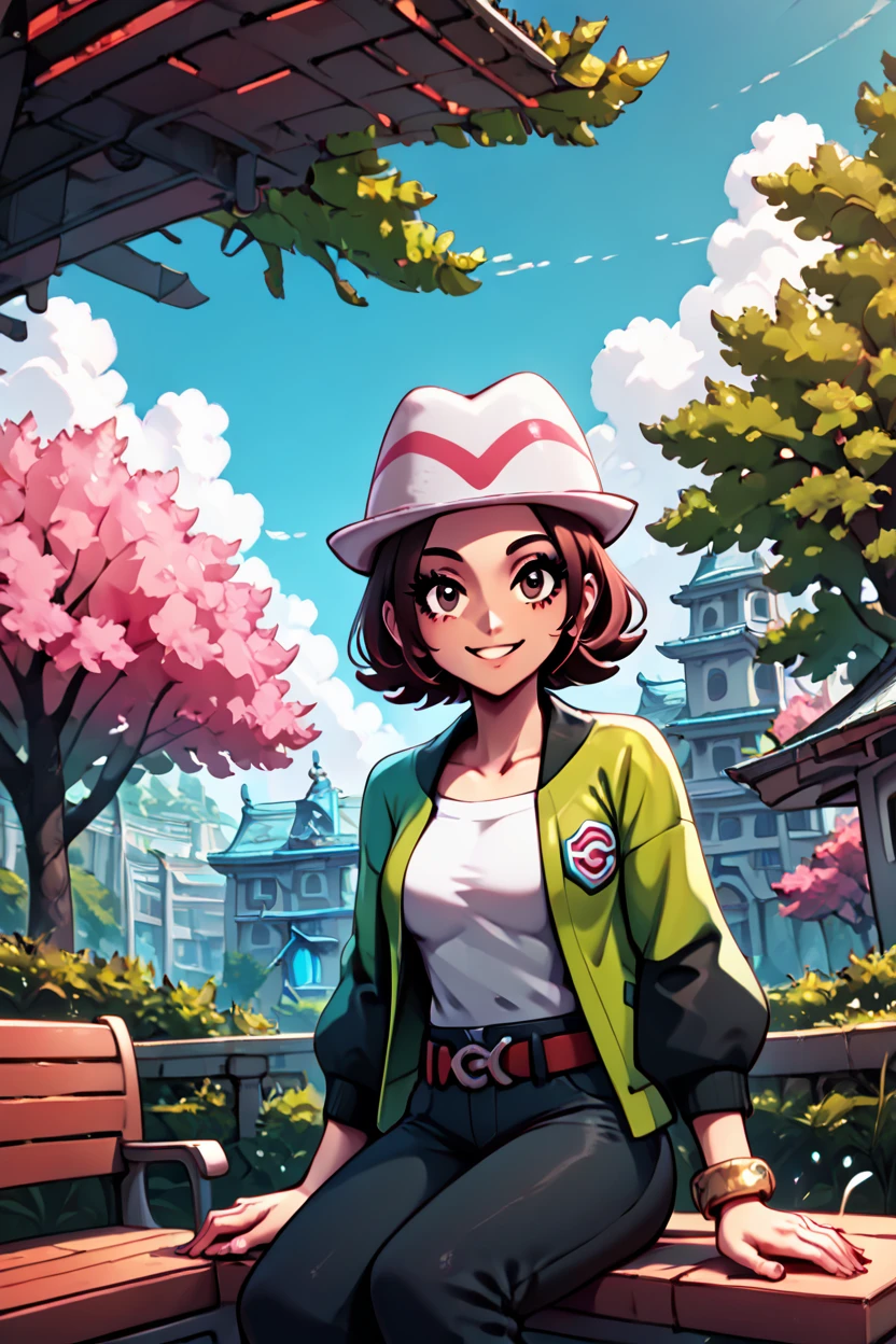 score_9, score_8_up, score_8, medium breasts, (curvy), cute, eyelashes, ,,, zzMC, brown eyes, brown hair, short hair, medium hair, white headwear, green jacket, long sleeves, open jacket, white shirt, collarbone, pants, bracelet, belt buckle, ,<lora:ProtagonistFPokemonZA_PDXL_v3:1.0>, ,,, BREAK, sitting on bench, side view, smile, looking at viewer, cowboy shot, ,,, BREAK, pnkBldng, sky, day, cloud, tree, blue sky, building, architecture, east asian architecture, ,,, BREAK, embedding:zPDXL, Expressiveh, ,,, <lora:PinkBuildingsPDXL_v2:0.6>, <lora:SDXLFaeTastic2400:0.5>, <lora:Expressive_H-000001:0.4>