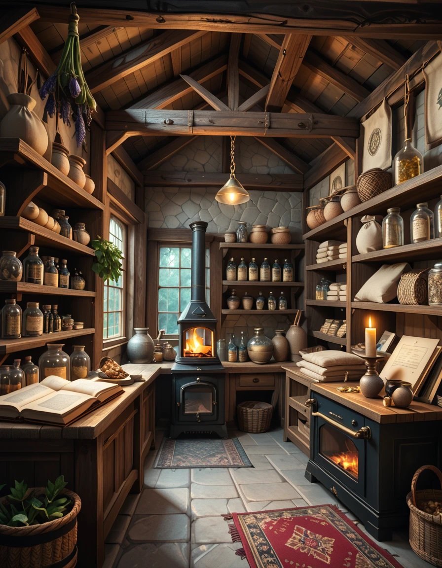 score_9, score_8_up, score_7_up,amazing quality, ultra realistic, 3D, HD, best quality, amazing quality, very aesthetic, absurdres
A highly detailed, realistic photograph of a medieval-style general store inspired by Skyrim, captured in soft, natural lighting. The interior features wooden beams and stone walls, aged and weathered, with shelves overflowing with various items: leather-bound books, glass potion bottles glowing faintly in green and blue hues, sacks of grains, and woven baskets filled with herbs. In the corner, a rustic fireplace crackles gently, casting warm, golden light across the room. Weapons like iron swords and steel daggers hang neatly on a wooden rack behind the counter, while a fur rug covers part of the worn wooden floor. On the wooden counter lies a small pile of gold coins beside an old ledger, with a candle burning low. The window shows a misty, pine-filled landscape outside, with soft daylight filtering through. The atmosphere feels cozy, immersive, and authentically Nordic, with rich textures, muted earthy colors, and a slightly cinematic fantasy style. No people are present, only the quiet ambiance of a world at rest.
skyrim general st0r3 <lora:skyrim_general_st0r3-p:1>