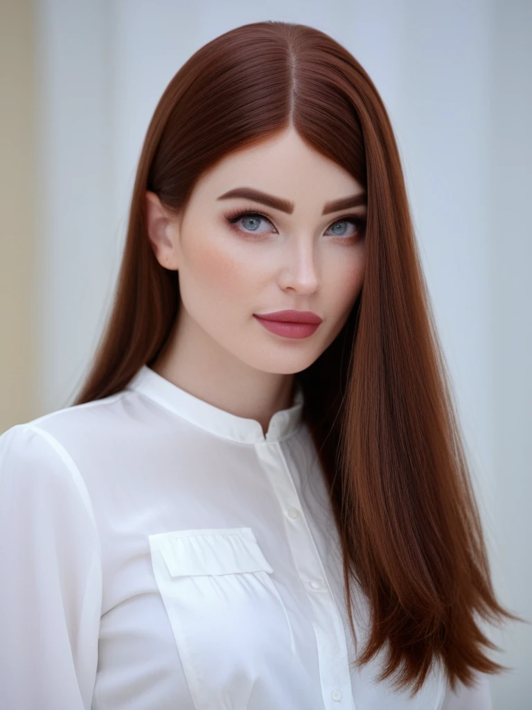 natali3m4rs, natalie mars,<lora:Natali3M4rs-sdxl:1>, 1girl, makeup, lips, long hair, hime princess cut hair, auburn hair, white blouse, portrait, solo, looking at viewer, bokeh, focus, film, velvia, artistic, best quality, photograph, focus