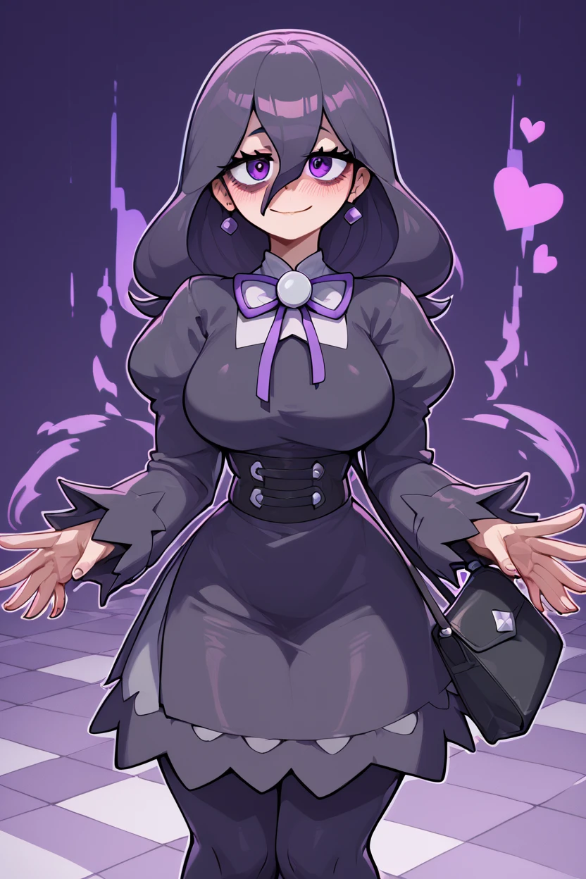 score_9, score_8_up, score_8, medium breasts, (curvy), cute, eyelashes, ,,, zzHexyZA, purple eyes, bags under eyes, hair between eyes, long hair, purple hair, long sleeves, bow, jewelry, black dress, purple dress, black pantyhose, juliet sleeves, purple bow, purple bowtie, ,<lora:HexManiacPokemonZA_PDXL:1.0>, ,,, BREAK, closed mouth, alternate costume, smile, looking at viewer, collared shirt, blush, sweater, black skirt, eyelashes, long sleeves, sleeves past wrists, plaid skirt, shoulder bag, black bag, blurry, tile floor, pleated skirt, white shirt, cowboy shot, ,,, embedding:zPDXL, Expressiveh, ,,, <lora:Vivid:0.7>, <lora:Uncensored_PonyXL_cpt_v02.09:0.4>, <lora:Expressive_H-000001:0.4>,