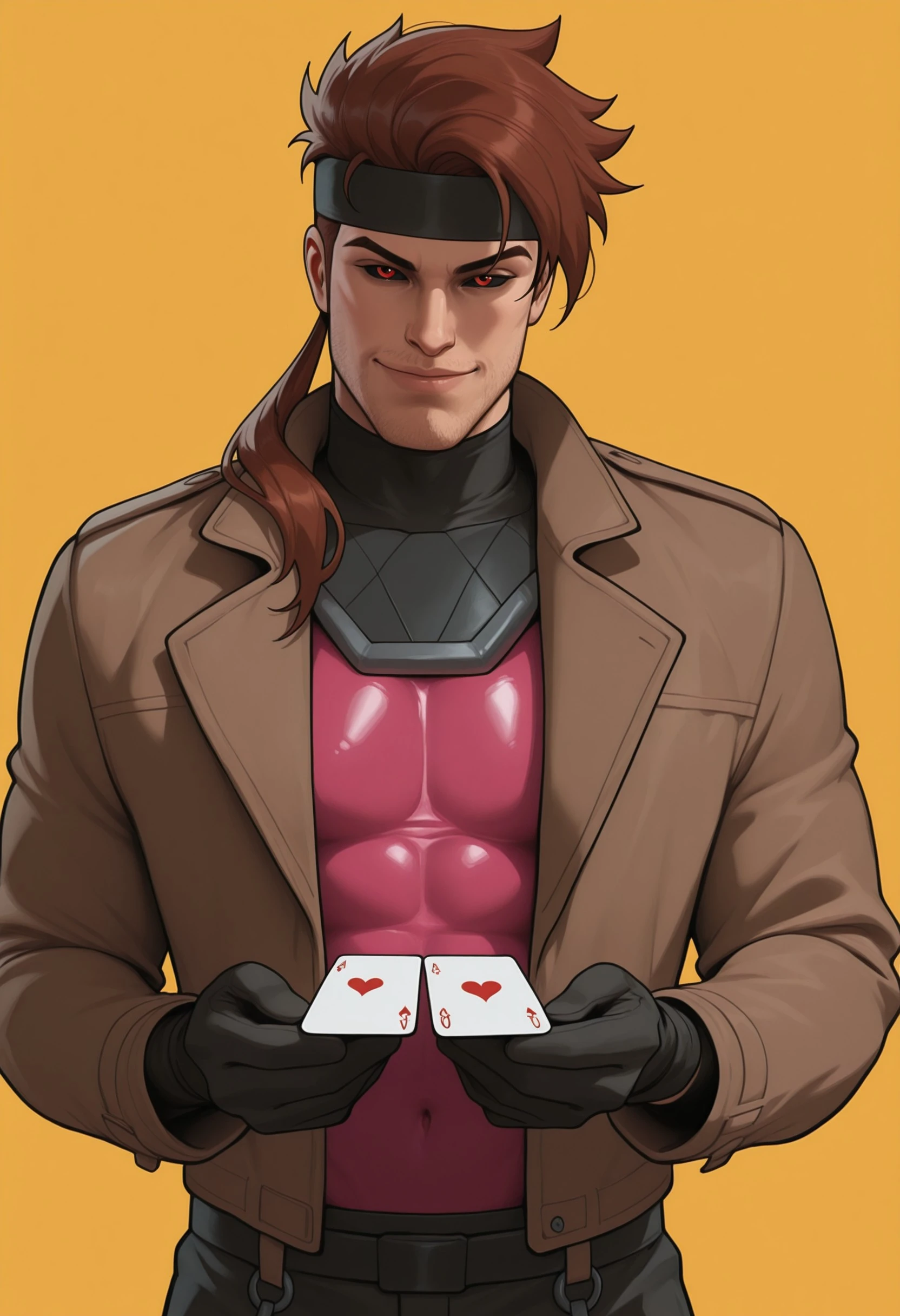 masterpiece, very aesthetic, absurdres, Dsk_Remy_Lebeau, 1boy, auburn hair, beard, black sclera, card, colored sclera, facial hair, gloves, holding, holding card, jacket, looking at viewer, male focus, playing card, red eyes, simple background, smile, solo, stubble, headband, black headband, ponytail, yellow background, <lora:bbf2daa2-8daa-44f6-a4d8-e9b95ac74e61:0.7>