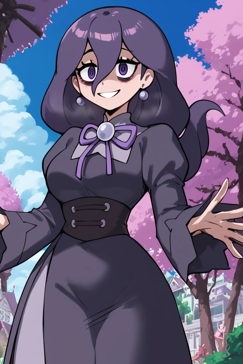 score_9, score_8_up, score_8, medium breasts, (curvy), cute, eyelashes, ,,, zzHexyZA, purple eyes, bags under eyes, hair between eyes, long hair, purple hair, long sleeves, bow, jewelry, black dress, purple dress, black pantyhose, juliet sleeves, purple bow, purple bowtie, ,<lora:HexManiacPokemonZA_PDXL:1.0>, ,,, BREAK, smile, looking at viewer, cowboy shot, ,,, outdoors, sky, day, cloud, tree, blue sky, sunny, ,,, Expressiveh, ,,, <lora:Alola_Style_PDXL:0.8>, <lora:Expressive_H-000001:0.4>,