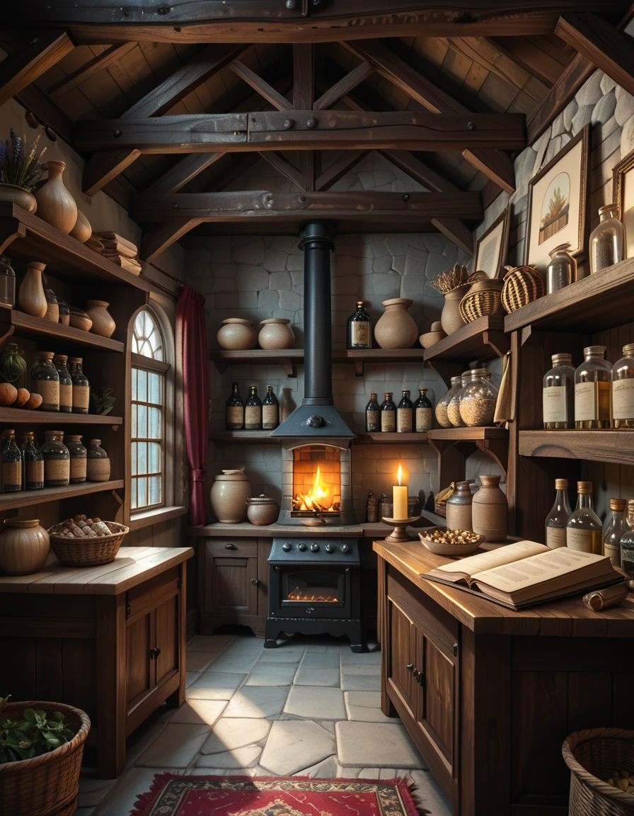 score_9, score_8_up, score_7_up,amazing quality, ultra realistic, 3D, HD, best quality, amazing quality, very aesthetic, absurdres
A highly detailed, realistic photograph of a medieval-style general store inspired by Skyrim, captured in soft, natural lighting. The interior features wooden beams and stone walls, aged and weathered, with shelves overflowing with various items: leather-bound books, glass potion bottles glowing faintly in green and blue hues, sacks of grains, and woven baskets filled with herbs. In the corner, a rustic fireplace crackles gently, casting warm, golden light across the room. Weapons like iron swords and steel daggers hang neatly on a wooden rack behind the counter, while a fur rug covers part of the worn wooden floor. On the wooden counter lies a small pile of gold coins beside an old ledger, with a candle burning low. The window shows a misty, pine-filled landscape outside, with soft daylight filtering through. The atmosphere feels cozy, immersive, and authentically Nordic, with rich textures, muted earthy colors, and a slightly cinematic fantasy style. No people are present, only the quiet ambiance of a world at rest.
skyrim general st0r3 <lora:skyrim_general_st0r3-p:1>