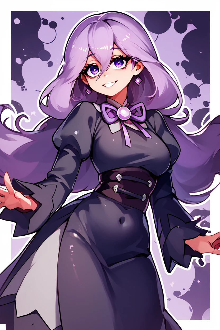 score_9, score_8_up, score_8, medium breasts, (curvy), cute, eyelashes, ,,, zzHexyZA, purple eyes, bags under eyes, hair between eyes, long hair, purple hair, long sleeves, bow, jewelry, black dress, purple dress, black pantyhose, juliet sleeves, purple bow, purple bowtie, <lora:HexManiacPokemonZA_PDXL:1.0>, ,,, smile, looking at viewer, abstract background, white outline, ,,, embedding:zPDXL, Expressiveh, <lora:CatalystStylePDXL:0.6>, <lora:SDXLFaeTastic2400:0.5>, <lora:Expressive_H-000001:0.4>,