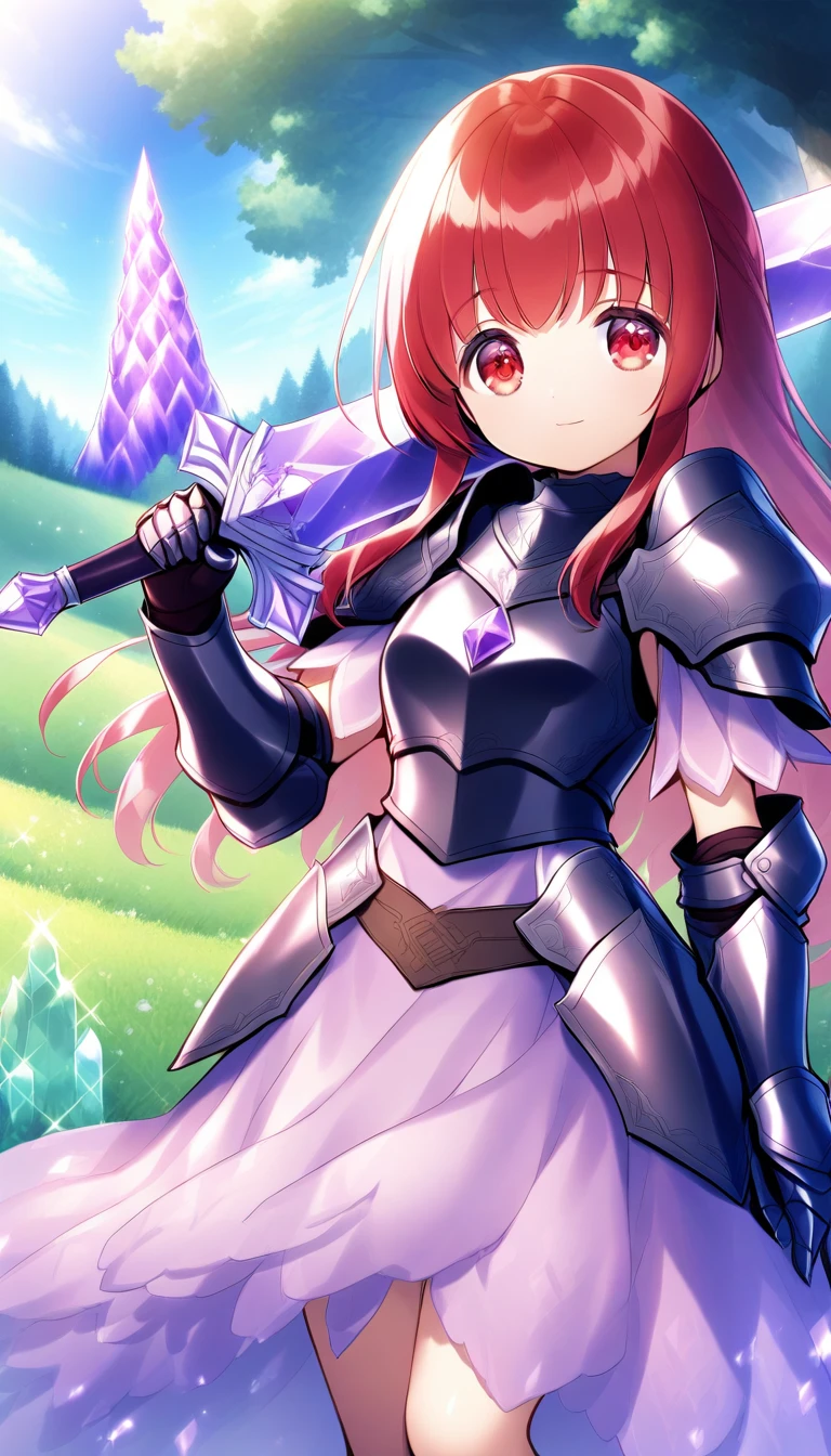 a girl, red hair, long hair, red eyes, dark armor dress, breastplate, shoulder armor, holding a sword, sword over shoulder, gauntlet, looking at viewers, light smile, outdoors, field, woods, amethyst crystal tower far away, sky, fantsy, best quality,