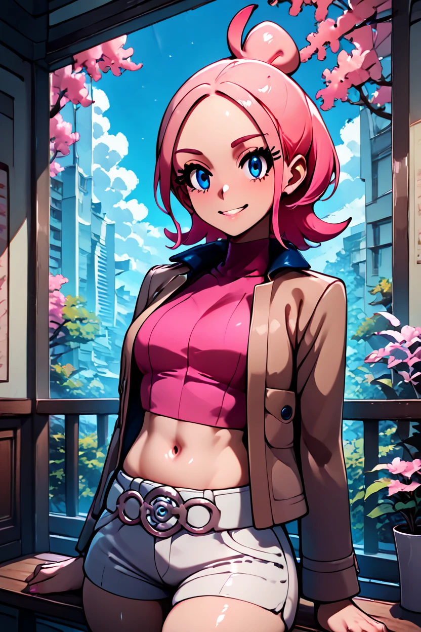 score_9, score_8_up, score_8, medium breasts, (curvy), cute, eyelashes, ,,, zzTaunie, blue eyes, pink hair, sidelocks, medium hair, eyelashes, multicolored hair, single hair bun, pink shirt, turtleneck, crop top, navel, midriff, brown jacket, long sleeves, open jacket, short shorts, white shorts, skindentation, ,<lora:TauniePokemonZA_PDXL_v3:1.0>, ,,, BREAK, sitting on bench, side view, smile, looking at viewer, cowboy shot, ,,, BREAK, pnkBldng, sky, day, cloud, tree, blue sky, building, architecture, east asian architecture, ,,, BREAK, embedding:zPDXL, Expressiveh, ,,, <lora:PinkBuildingsPDXL_v2:0.6>, <lora:SDXLFaeTastic2400:0.5>, <lora:Expressive_H-000001:0.4>