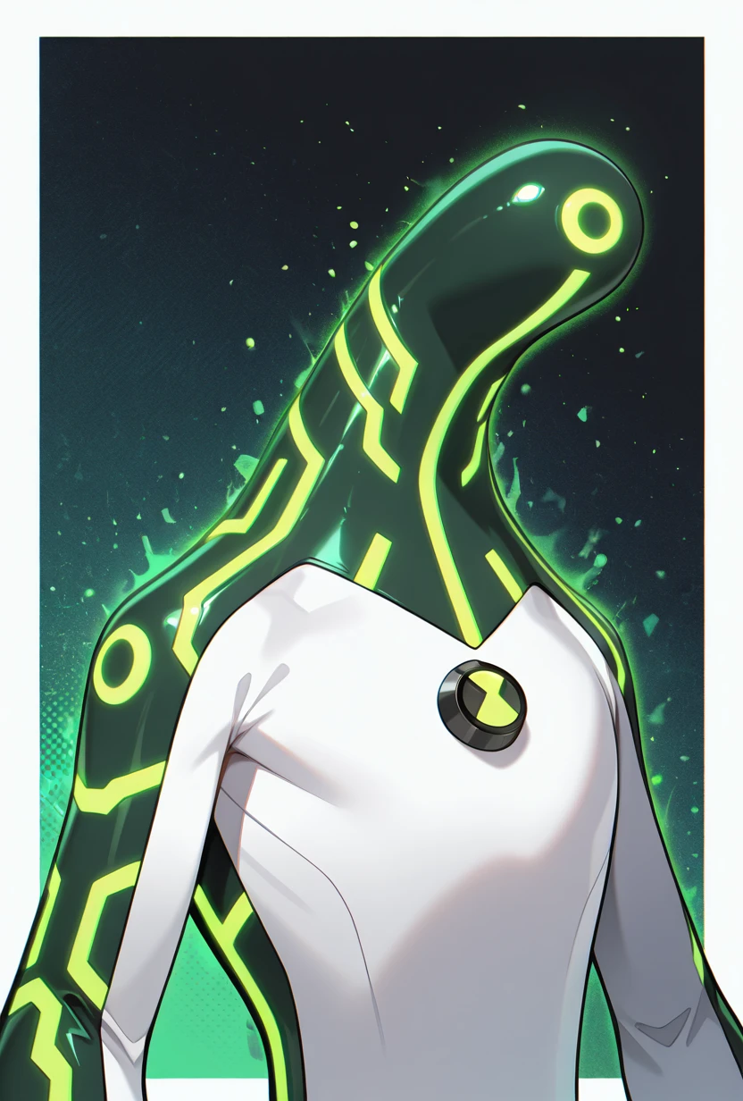 <lora:upgrade-08:1> upgrade, solo, no humans, neon trim, green strips, no humans, masterpiece, best quality, amazing quality, very aesthetic, absurdres, newest,, upper body, halftone effect, white borders, abstract background:1.2,