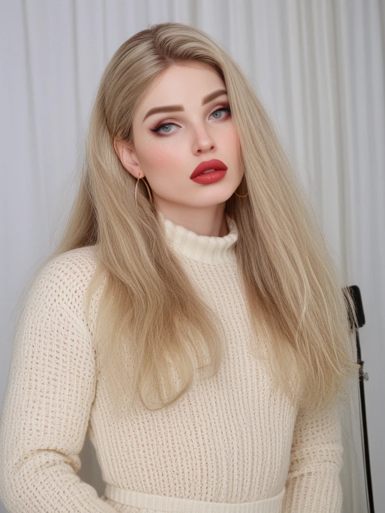 natali3m4rs, natalie mars,<lora:Natali3M4rs-sdxl:1>, 1girl, solo, face focused, vintage photography, makeup, lipstick, big lips, long hair, photoshoot, aesthetic, sweater, sweater dress, blonde, solo, big hair, looking at viewer, studio lighting, focus, analog film, (ring light), film grain, best quality, photograph, focus, earring, couture, fashion, backdrop, ruins, 90s photograph