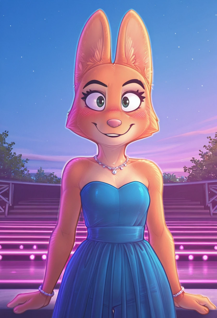 best quality, amazing quality, masterpiece, 1girl, looking at viewer, solo, cute, blush, smile, <lora:DianeFoxingtonIL:0.8>, diane foxington, emerald eyes, orange fur, fox girl, fox tail, pink nose, eyebrow piercing, standing, outdoors, night sky, evening, stage, blue sky, blue open-back dress, strapless dress, blue pants, necklace, bracelet, white shoes, close, upper body, face focus, dimwitdog, <lora:DimwitdogIL:1>