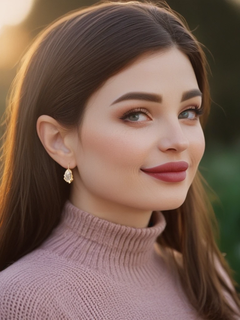 face focused, magic hour, photography, warm light, sunset, movie still, ultra detailed, portrait, natali3m4rs, natalie mars,<lora:Natali3M4rs-sdxl:1>,  1girl, makeup, lips, long hair, highlights, smile,  lipstick, turtleneck sweater, earrings, portrait, solo, looking at viewer, bokeh, focus, film, velvia, artistic, best quality, photograph, focus, looking at viewer, bokeh, focus, film, velvia, film grain, best quality, photograph, focus, earrings, garden