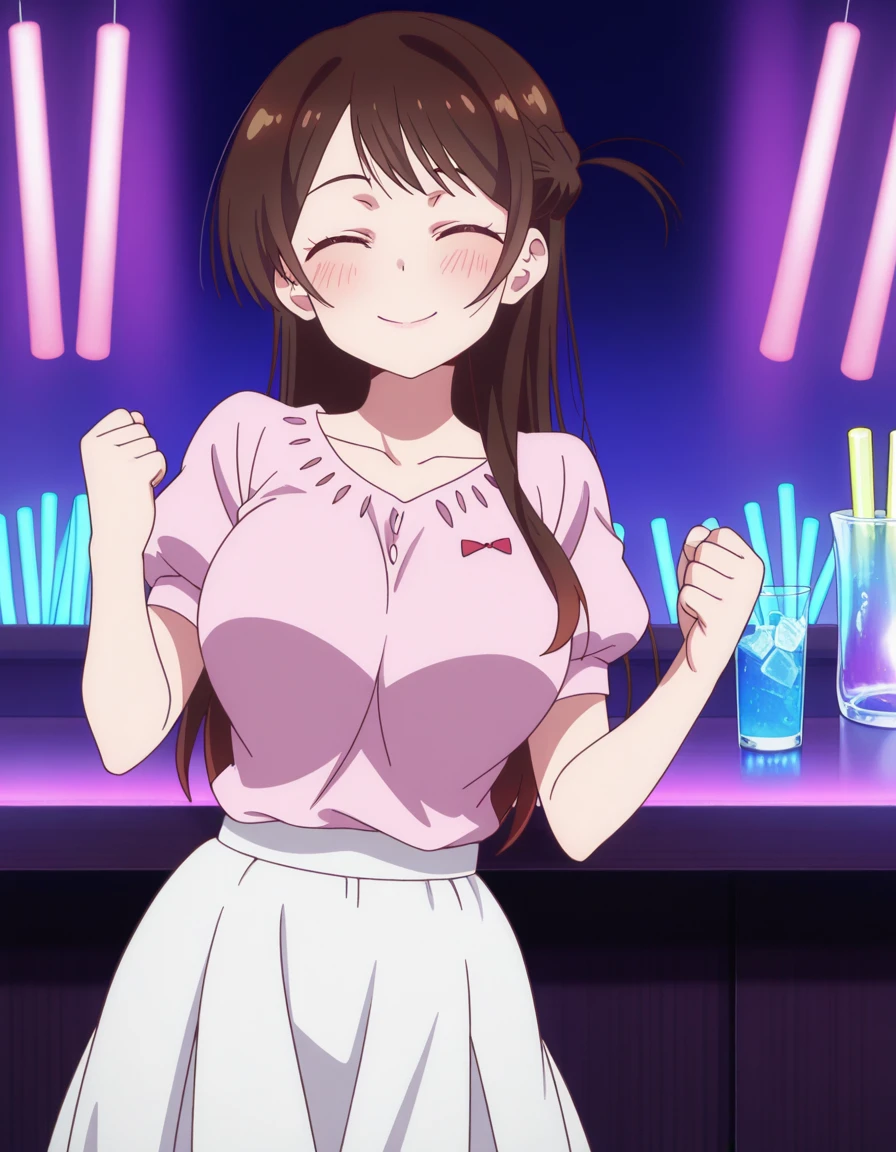 masterpiece, best quality, amazing quality,, <lora:chizuru-ichinose-s1-illustriousxl-lora-nochekaiser:1>, chizuru ichinose, long hair, bangs, brown hair, brown eyes, one side up, large breasts, mature female, anime screencap, skirt, shirt, short sleeves, puffy sleeves, puffy short sleeves, white skirt, pink shirt,, bar, drinks, stools, counter, nightlife, , shikairo days dance, shikairo days dance (meme), dancing, meme, closed eyes, clenched hands, glowsticks, blush, smile, looking at viewer, solo,, cowboy shot, solo