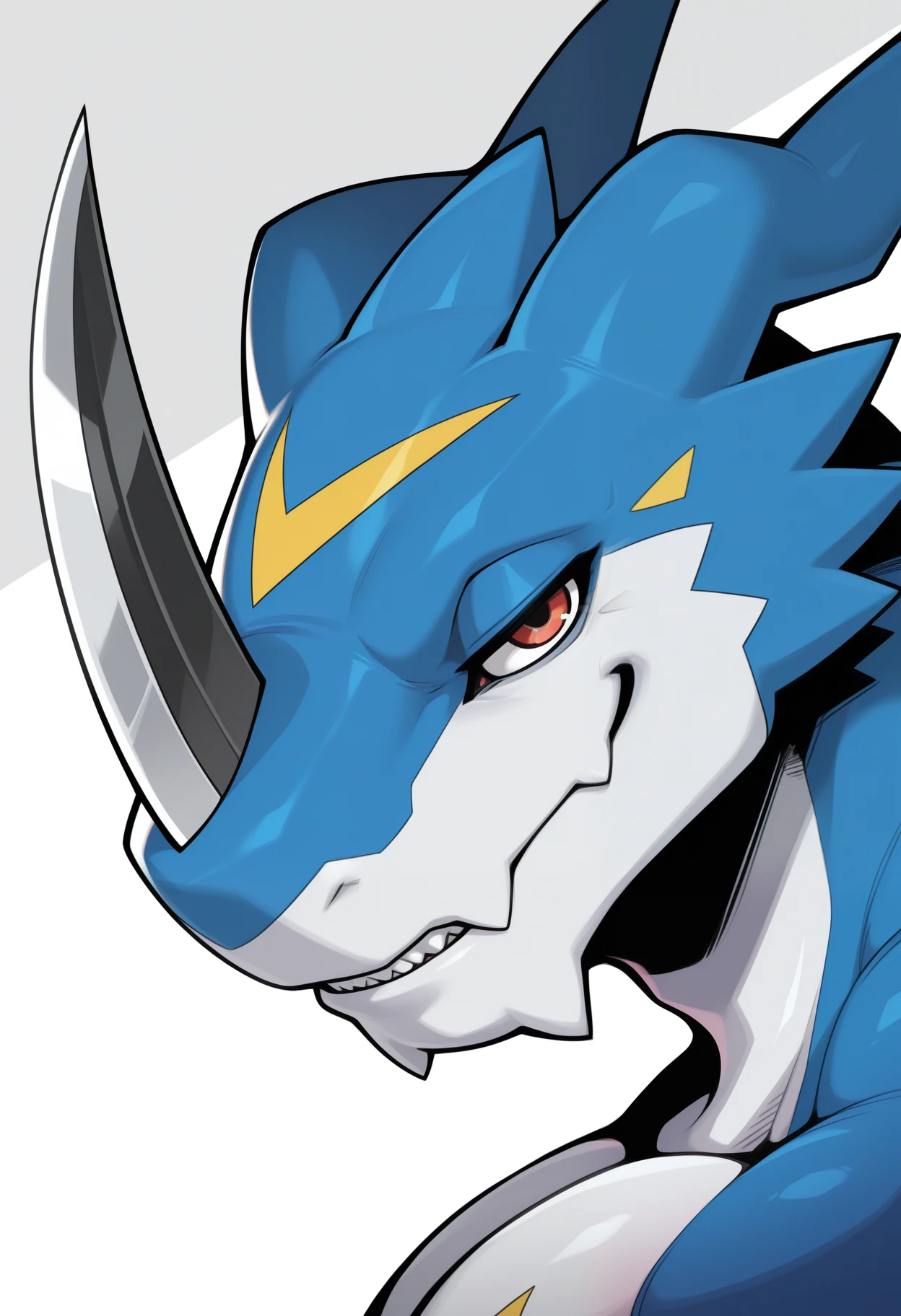 masterpiece,best quality,amazing quality, 1boy, solo, xv33m0n, digimon (creature), close up, smirk, side angle,