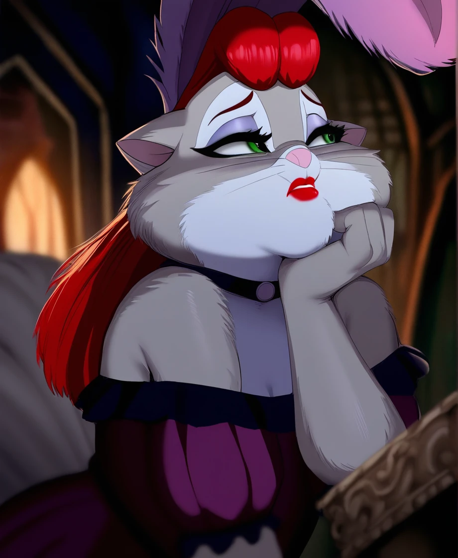 masterpiece, highly detailed, solo, miss kitty, female, green eyes, lipstick, red hair, feather headwear, dress, collar, sad, hand to chin, looking away, haunted house, inside, by Picturd, <lora:MissKittyXL_04-Noob-nd32-na32-lr2-ep15:1>