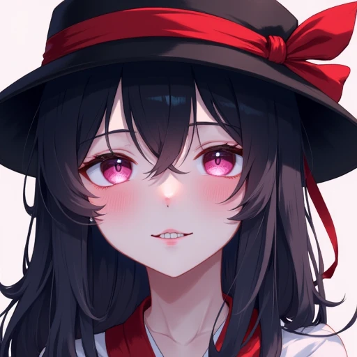 pink eyes, hat, blue eyes, 2girls, very long hair, black hair, neckerchief, clenched teeth, japanese clothes