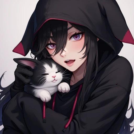 closed eyes, black hoodie, cat, black gloves, fangs, long hair, hair over eyes, rabbit boy, solo