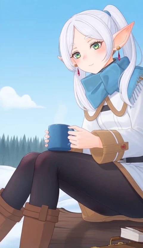 frieren, 1girl, elf, green eyes, outdoors, sitting, blue scarf, twintails, holding cup, boots, log, earrings, mug, solo, suitcase, forest, bare tree, parted bangs, sky, white hair, steam, long hair, breath, black pantyhose, winter clothes, coat, long sleeves, fringe trim, blush, cloud, book, brown footwear, light smile,
live2d animation, upper body, high quality cinematic video of an elf sitting in a snowy field.
The Camera is steady, This is a cowboy shot. The animation is smooth and fluid.
masterpiece, best quality