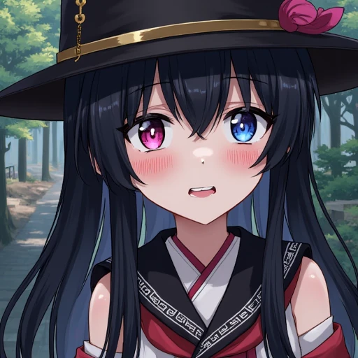 pink eyes, hat, blue eyes, 2girls, very long hair, black hair, neckerchief, clenched teeth, japanese clothes