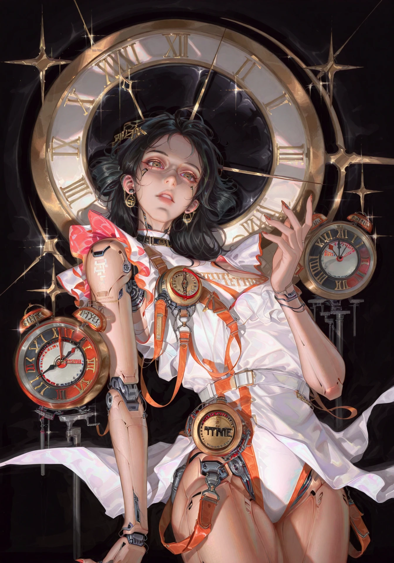 masterpiece, best quality, very awa, zhongguoduliu, 1girl, solo, cowboy shot, mechanical eyes, cyborg, robot joints, fashion, black background, parted lips, ulzzang, black hair, white sleeveless shirt, (huge analog clock background), (goddess of time), hand up, pose, elegant composition, memento mori, nail polish, <lora:zhongguoduliu-v3-illustrious:1>