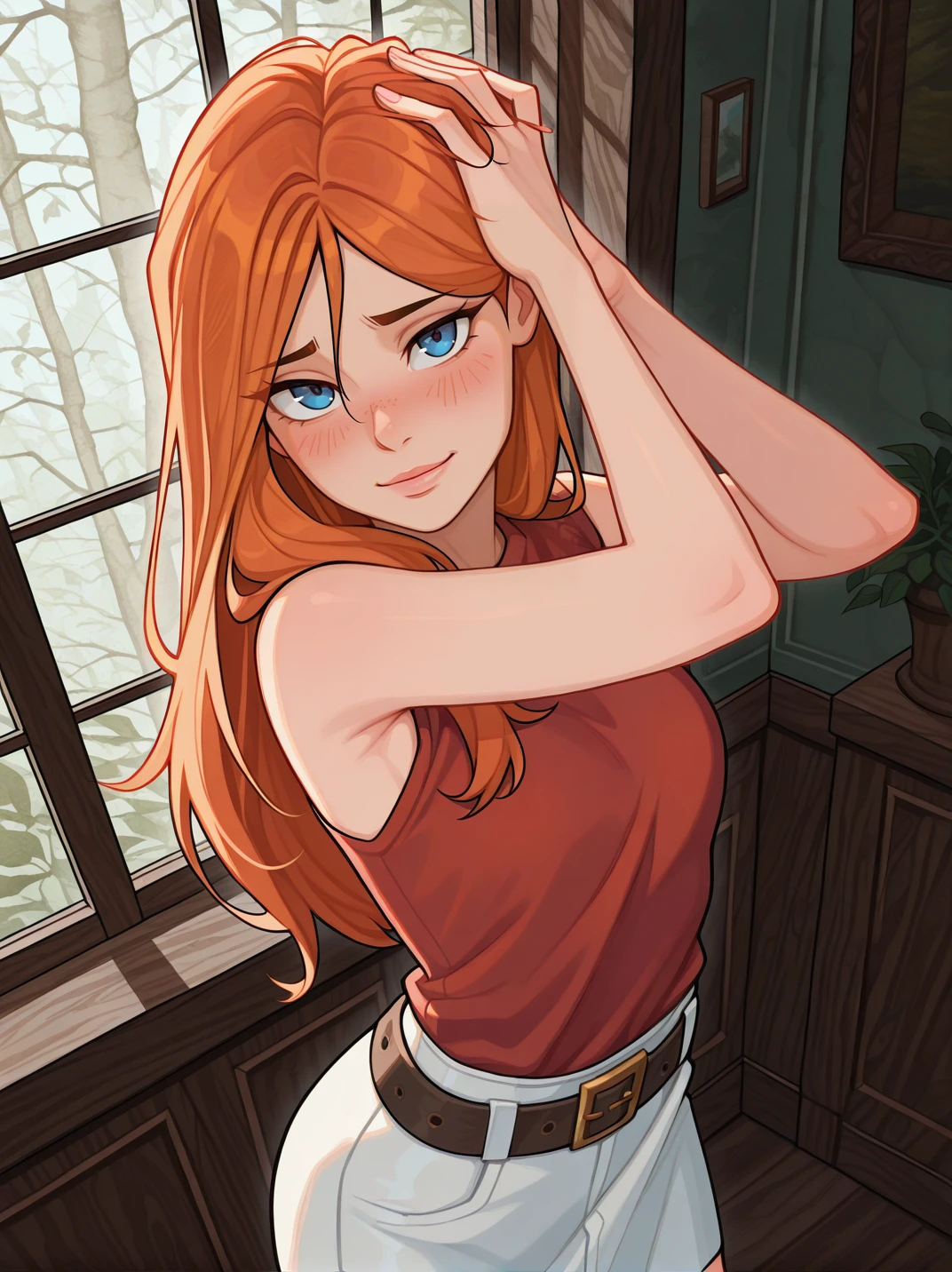 highres, hi res, best quality, masterpiece,
1girl, (CandaceXL),, orange hair, blue eyes, long hair, sleeveless, red shirt, belt, white skirt,,
light smile, dutch angle, naughty pose, looking at viewer, indoors, solo, dynamic pose, cowboy shot, window, head tilt, from above, hand on head, shy, blush,
<lora:Candace-ILV1:0.85>,, <lora:frostbitev2_Illu_dwnsty:1>, frostbite,
