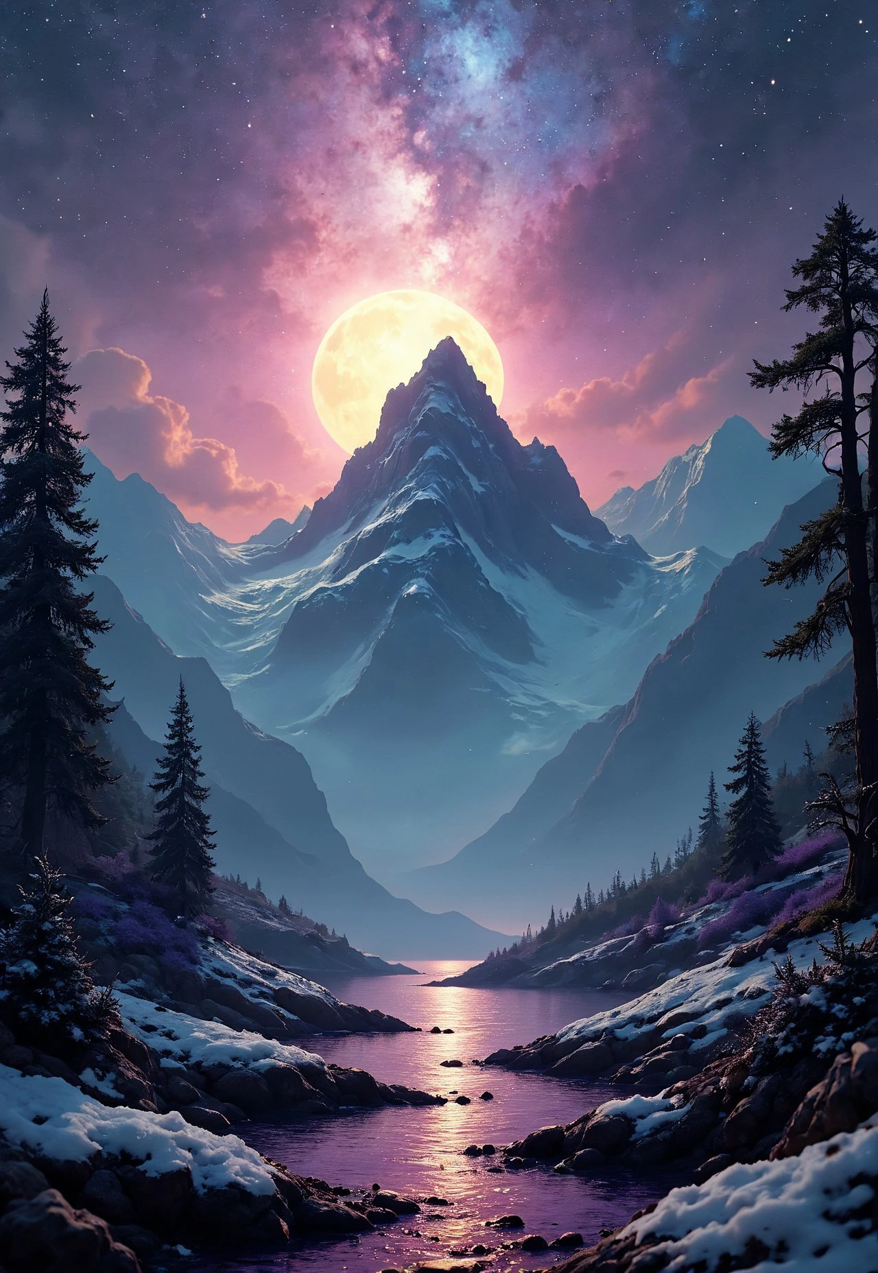 35mm photograph, film, bokeh, professional, beautiful fantasy forest with a snow capped mountain in the background and a lake at night with nebula in the sky, purple blue yellow sky, hyperrealistic, super realistic, sharp focus, 32k, (((masterpiece))) (((ultimate quality))), exquisite beauty, highiest texture resolution, photorealistic, fantasy setting, epic composition