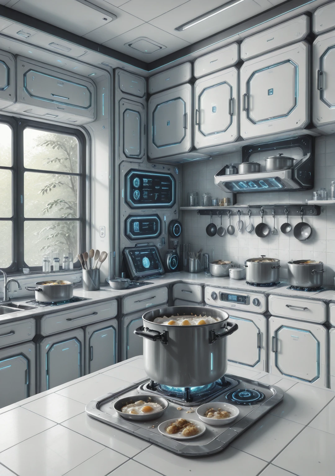 masterpiece, best quality, amazing quality, absurd res, science fiction,
 <lora:Purity_Tech_for_Illustrious:0.7> pur1tyt3ch
still life, kitchen, food, pot, pans, window,