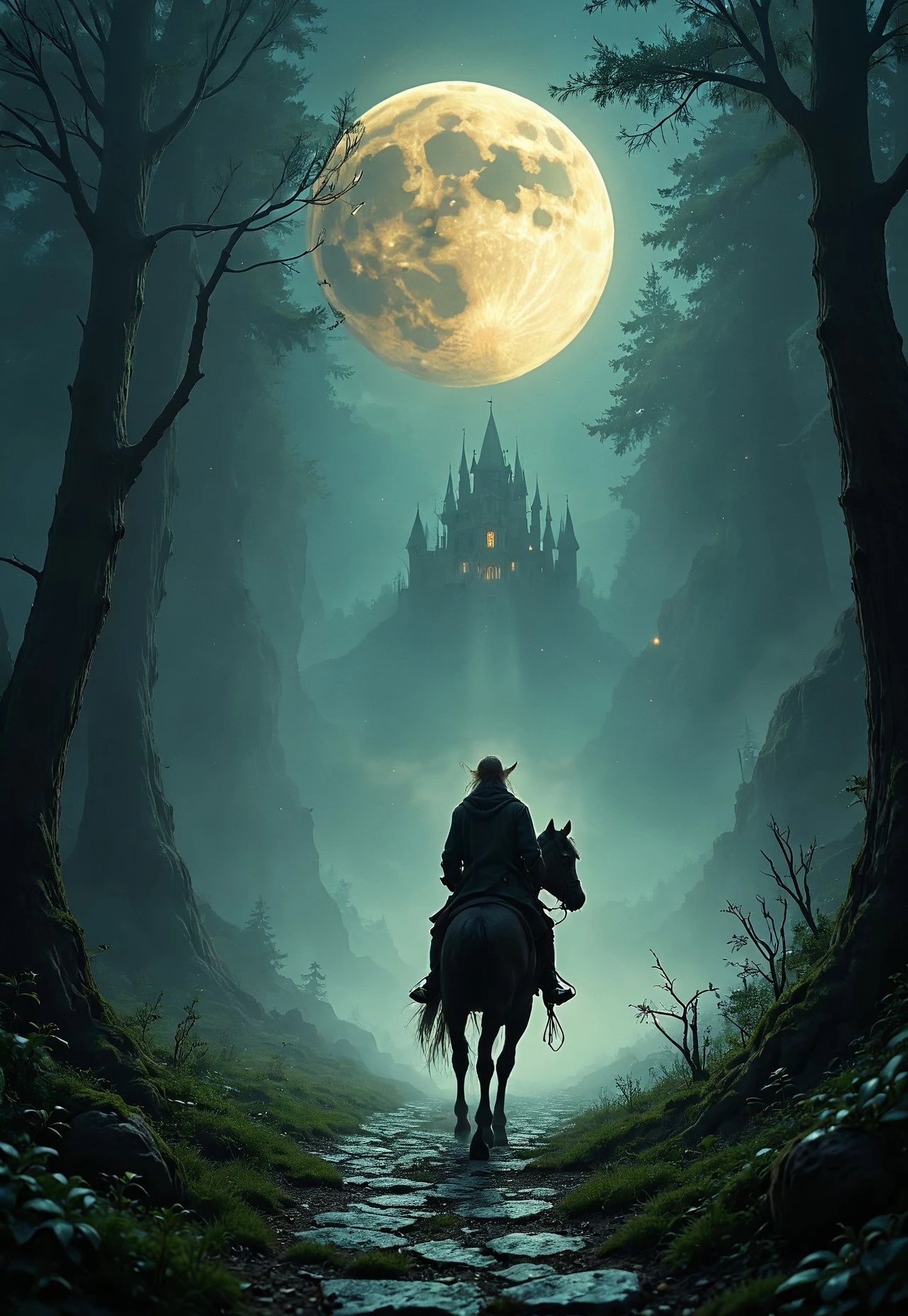 In the tranquil moonlit night, a lone Witcher rides through the ancient forests of the Continent. His silhouette is stark against the silver glow of the full moon, his form outlined by the ethereal light. The dense woods whisper ancient secrets as his horse treads through the mist-covered pathways. His eyes, keen and watchful, scan the shadows for any sign of danger. Behind him, the moon hangs low, casting its soft light over the medieval landscape, illuminating the towering trees and the winding path ahead. The air is thick with magic, and the night holds both mystery and danger in equal measure. vibrant, beautiful, translucent, intricate, detailed, many details, extreme detailed, full of details, Wide range of colors. Dramatic,Dynamic,Cinematic,Sharp details, Insane quality. Insane resolution. Insane details. Masterpiece. 32k resolution.