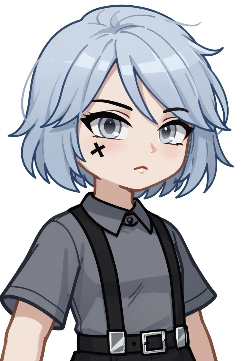 score_9,score_8_up,score_7_up,score_6_up, hair fluttering in the wind, dynamic lighting, medium shot, WenGGdy, WenGGdyGacha, girl, short hair, (grey hair:1), (blue hair:1.1) , bob haircut, facial tattoo, collar, gray shirt, black suspenders, fingerless gloves, black skirt